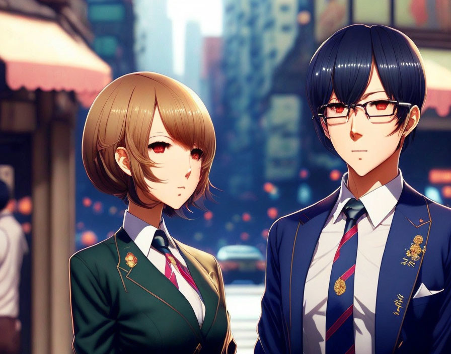 Male and female anime characters in formal school uniforms with gold emblems against urban backdrop.