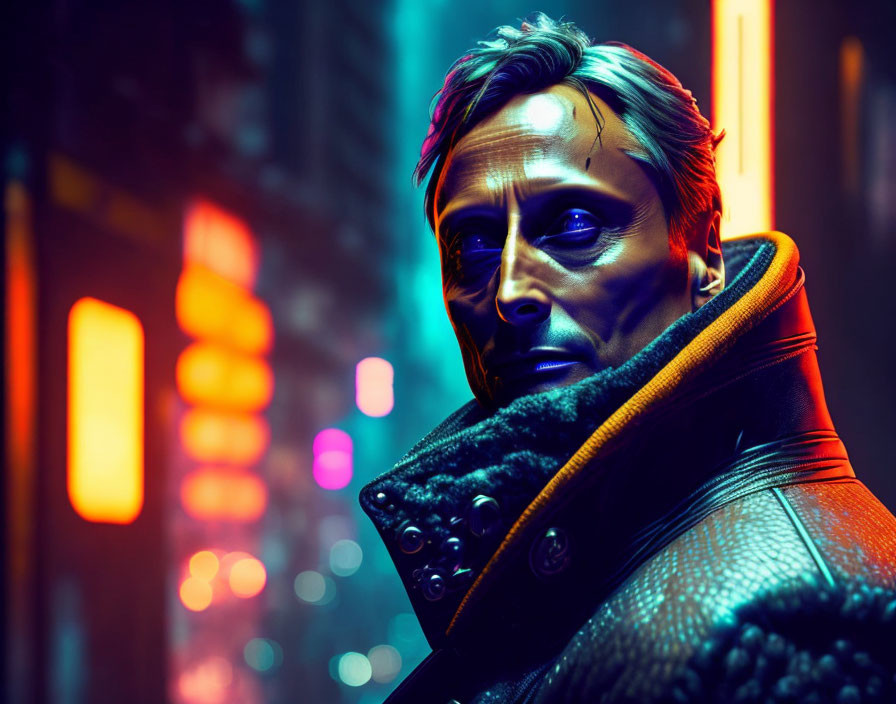 Man with stubble in neon-lit cyberpunk cityscape