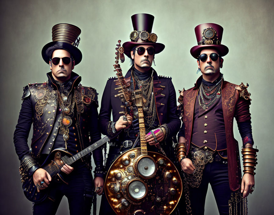 Three individuals in steampunk attire with top hats and vintage weapons.