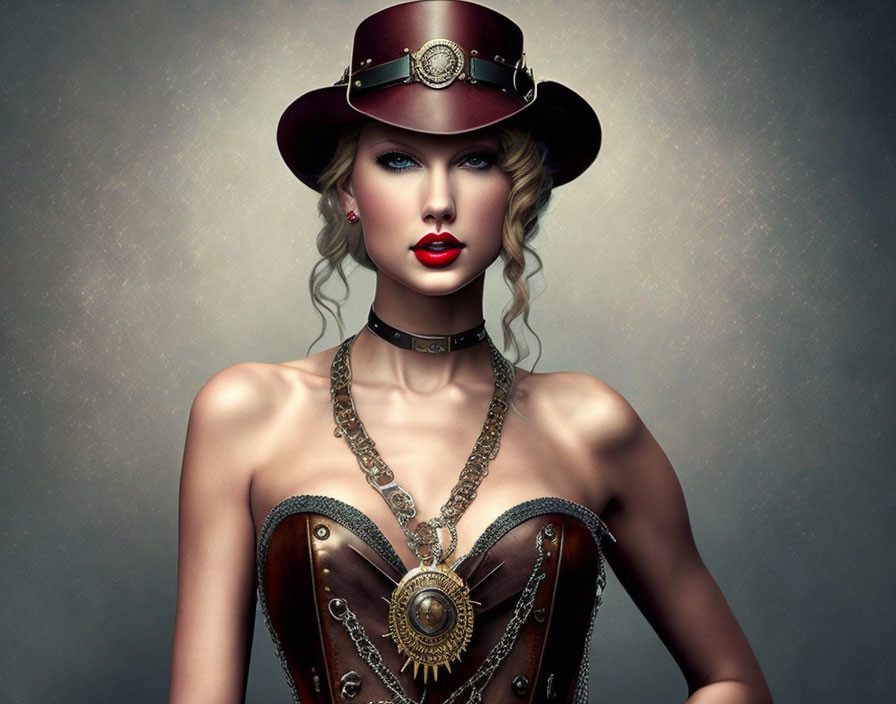 Digital artwork of a woman in steampunk attire with top hat and bold red lips