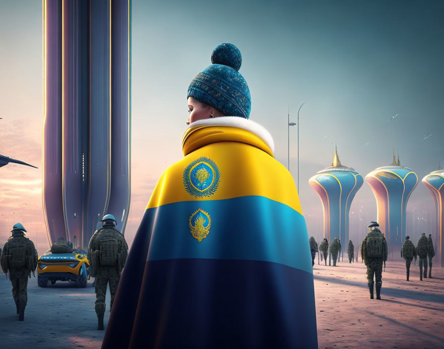 Person draped in flag gazes at futuristic city with soldiers, towering buildings, and advanced vehicles under dus