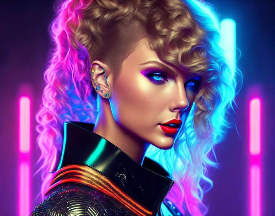 Digital Artwork: Woman with Curly Blonde Hair and Futuristic Attire