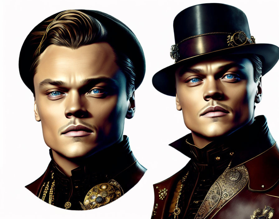 Digital Art: Two Identical Male Faces, One Plain, One with Steampunk Top Hat and