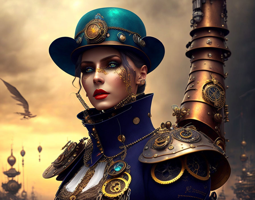 Steampunk woman in blue hat and goggles with golden shoulder armor in industrial fantasy setting