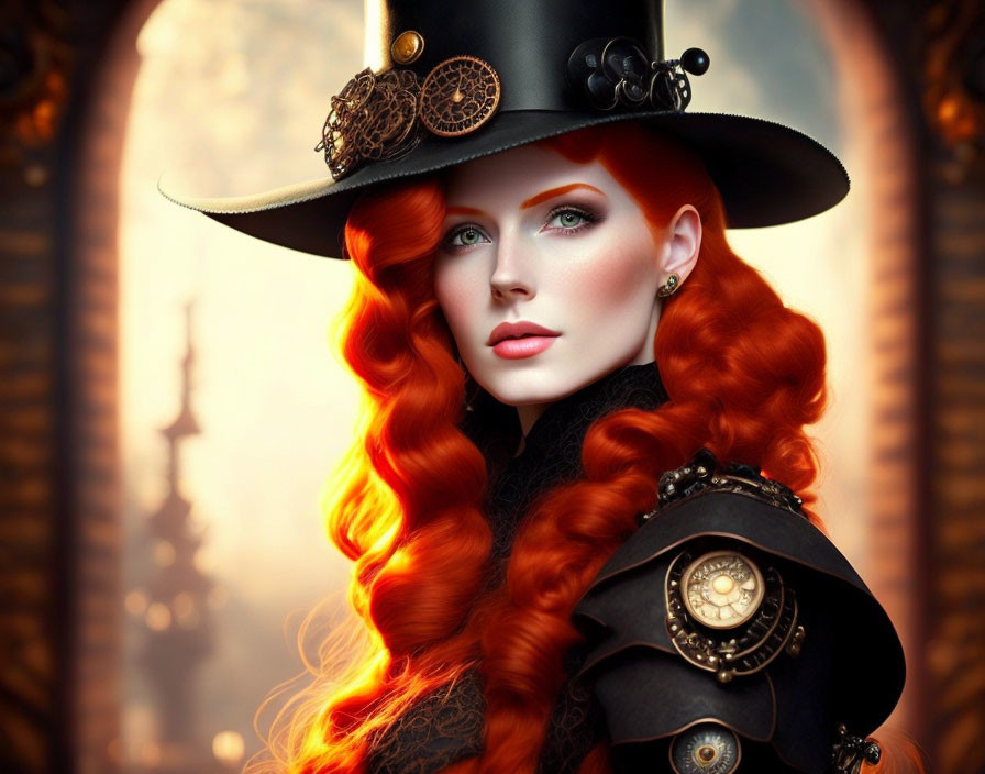 Beautiful steampunk Woman with black hat and left 