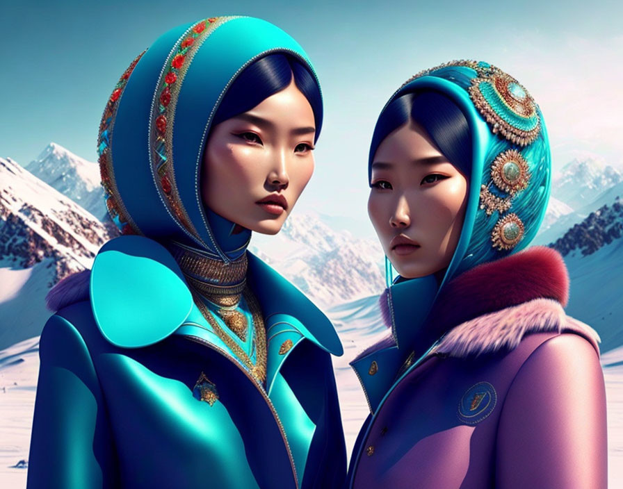 Stylized female figures in vibrant blue outfits against snowy mountainous backdrop