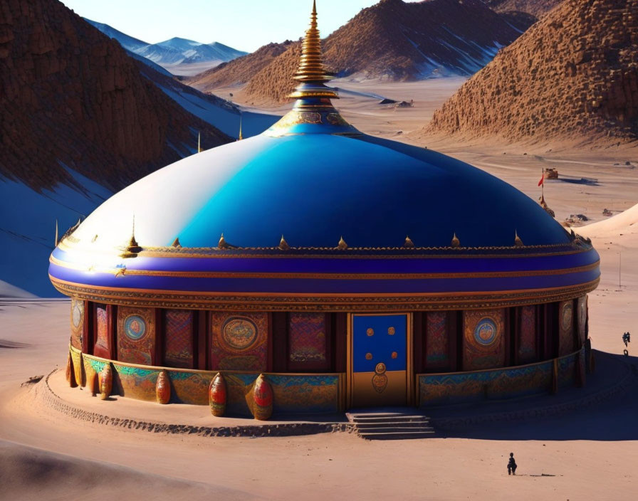 Traditional-style yurt with blue dome and gold details in desert valley