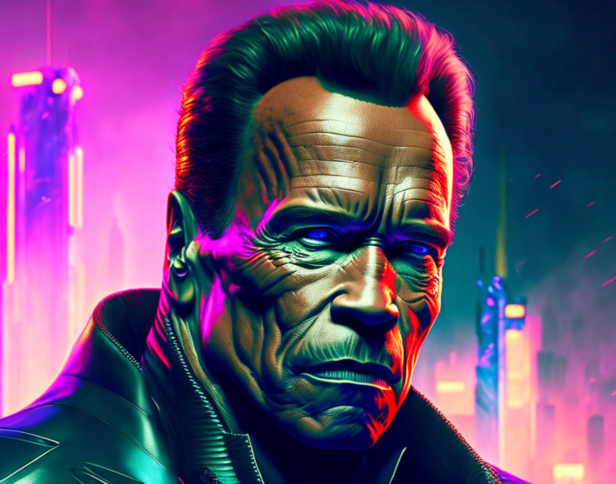 Cybernetic man with grim expression in futuristic neon-lit setting