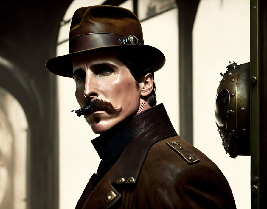 Detailed digital artwork: Man with mustache in steampunk hat & coat, industrial background.
