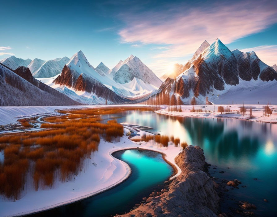 Tranquil landscape with winding river, snow-capped mountains, and pastel sunset