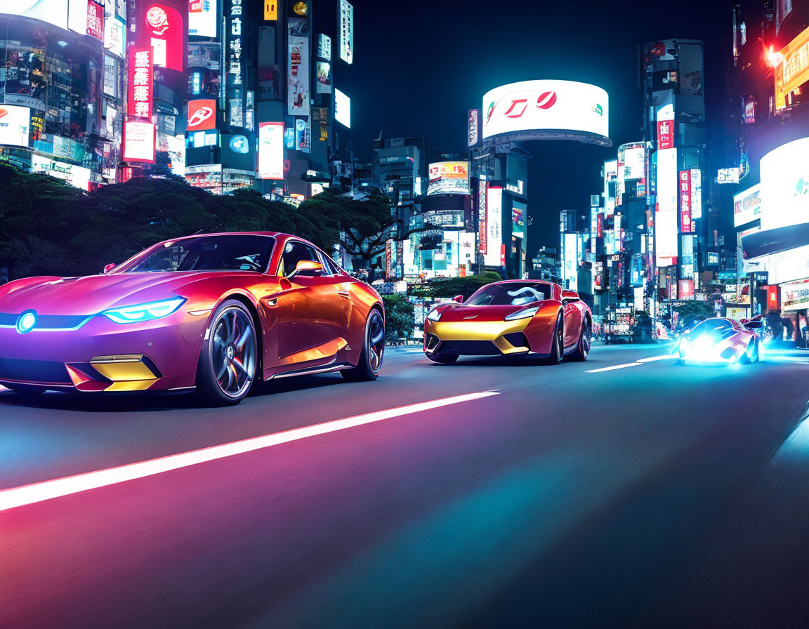 Neon-lit city street with luxury cars and vibrant billboards