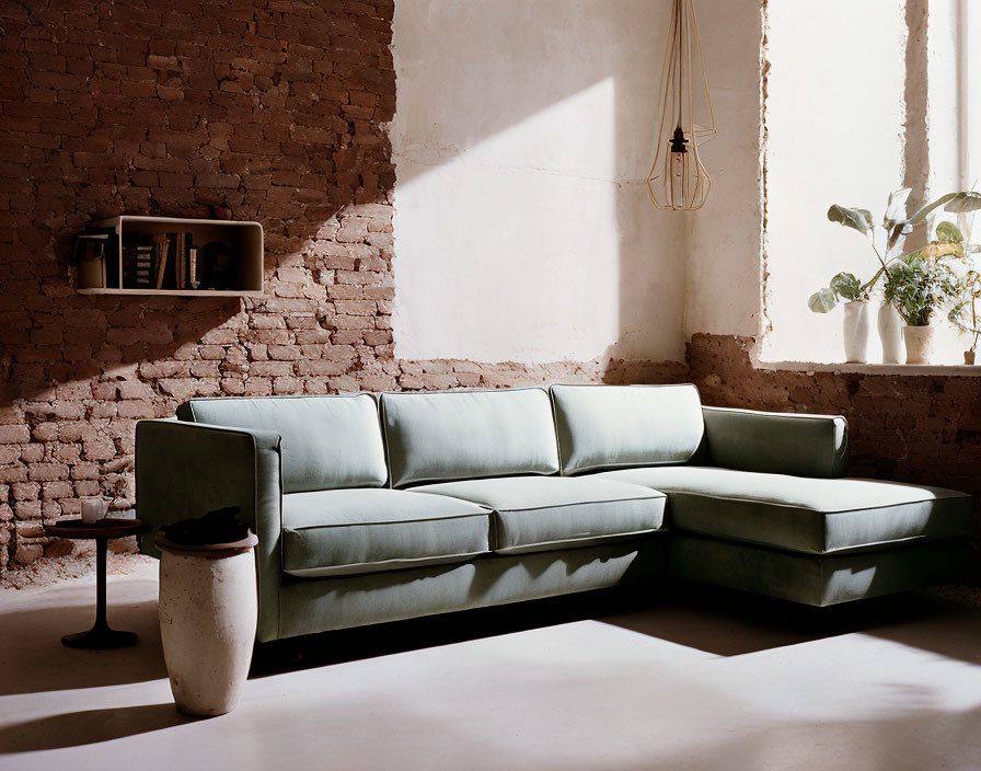 Minimalist Room with L-Shaped Green Sofa, Exposed Brick Walls, Round Table, Books,