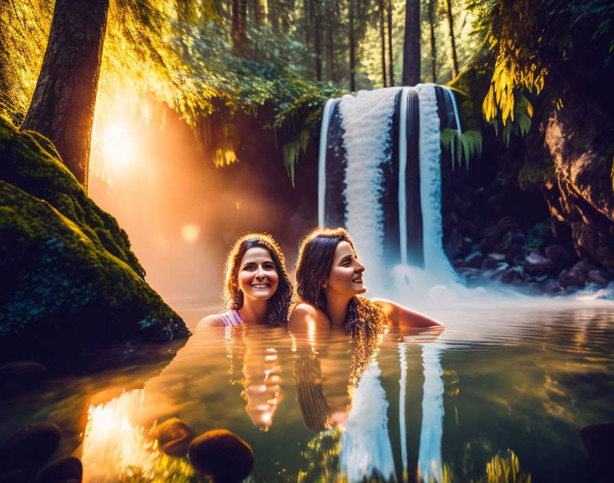 Serene natural hot spring with waterfall and two people smiling