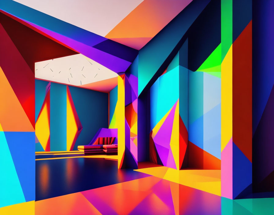 Modern Interior with Colorful Geometric Shapes and Bench in Warm Lighting