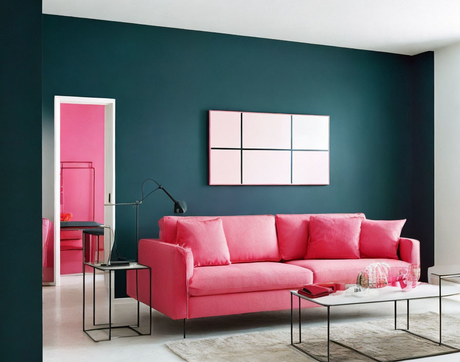 Modern Living Room with Teal Wall, Pink Doors, Pink Sofa, White Artwork, Black Lamp