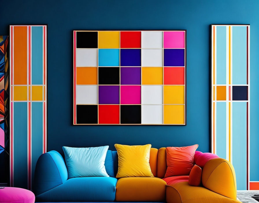 Colorful living room with multicolored sofa, blue walls, and geometric & abstract art.