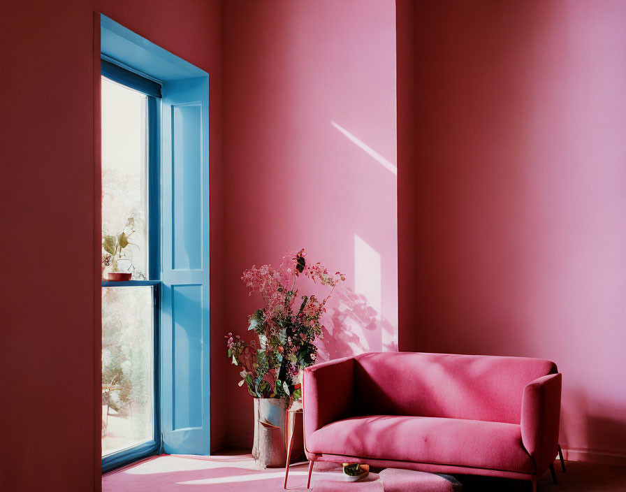 Pink-walled room with blue door, pink couch, and vibrant plant for colorful contrast