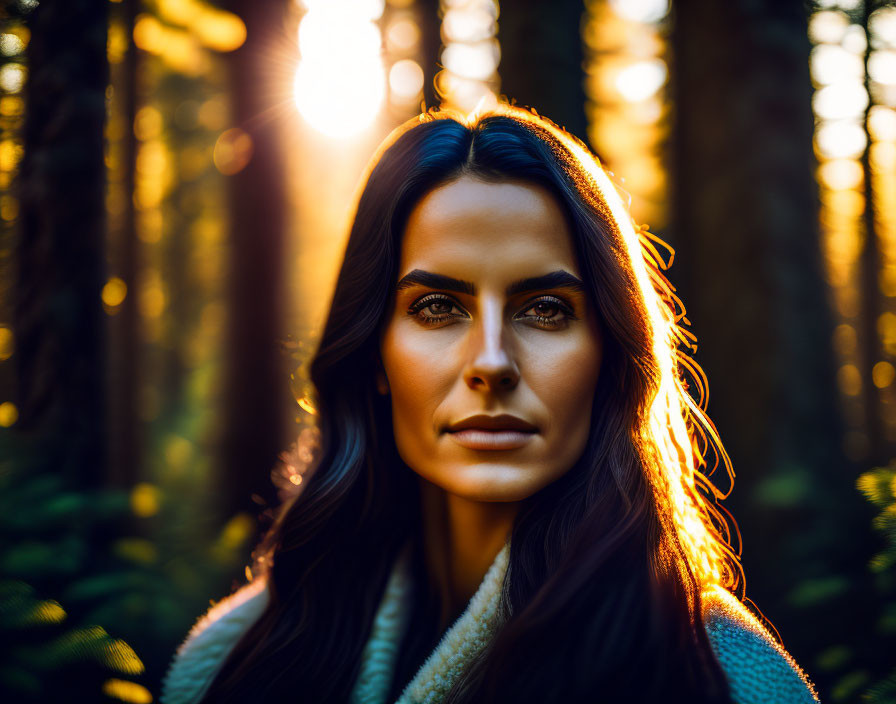 Dark-haired woman in forest at sunset, warm light on face, intense gaze, wearing scarf