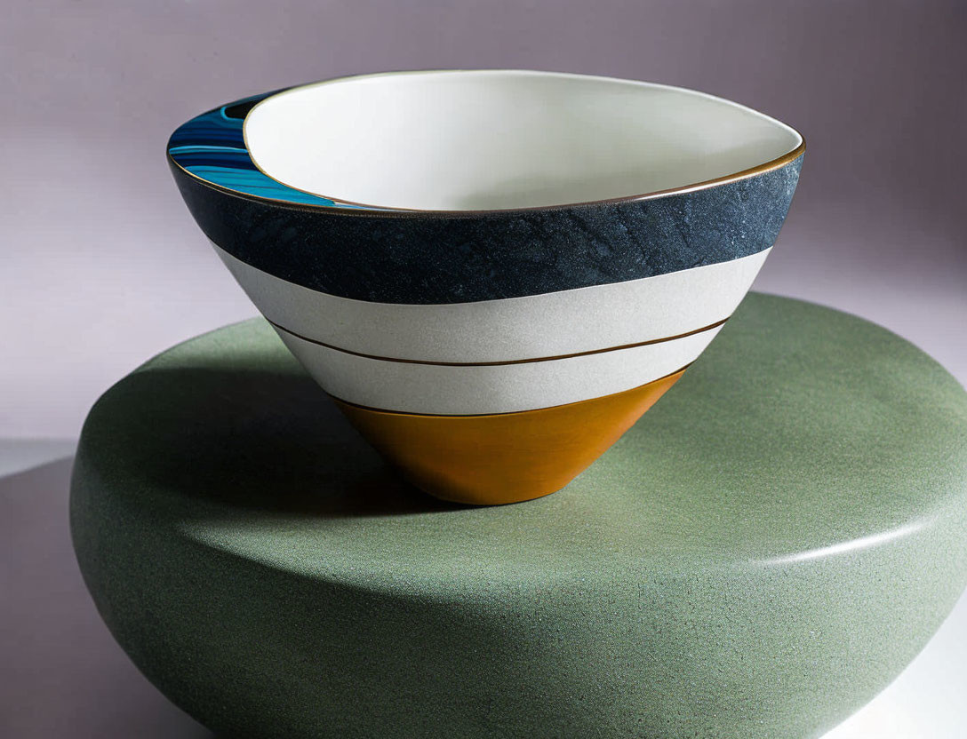 Assorted modern ceramic bowls in white, blue, black, and orange on textured green surface