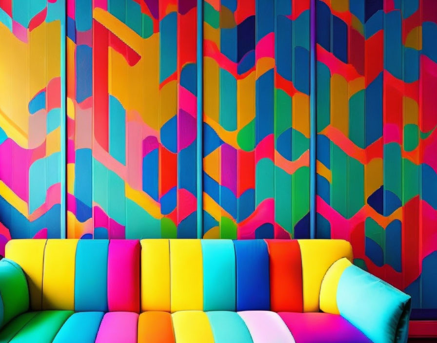 Colorful Patterned Wall and Rainbow Sofa with Bright Cushions
