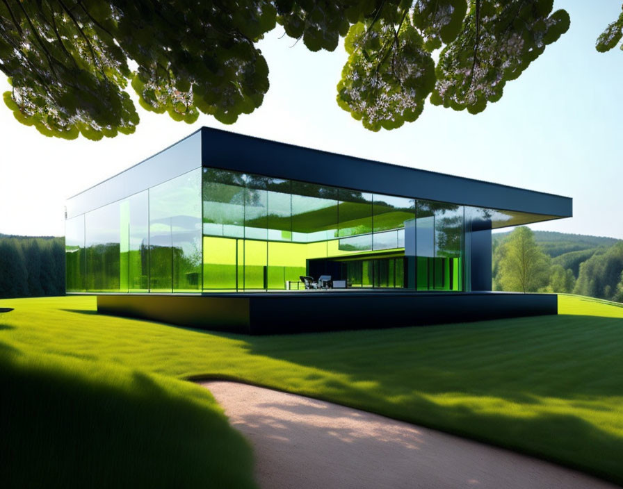 Contemporary glass house with green-tinted windows in lush green setting