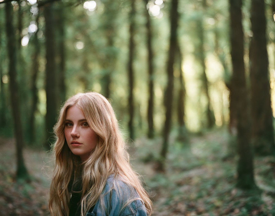Blonde woman in denim jacket standing in sunlit forest