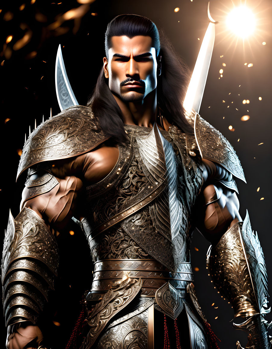 Animated warrior in ornate armor with two daggers and glowing background