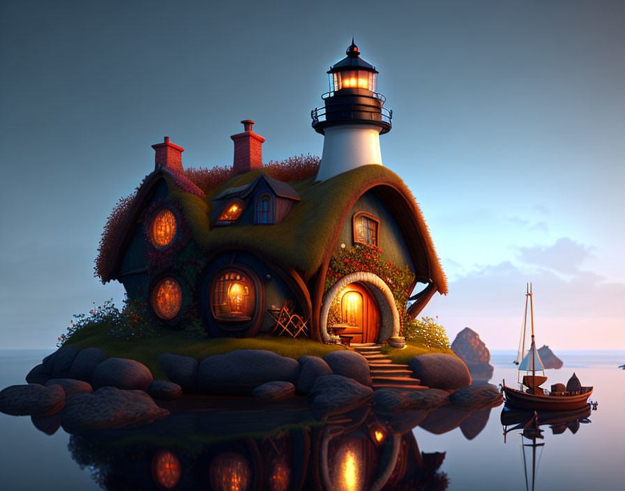 Enchanting cottage with attached lighthouse on small island at dusk