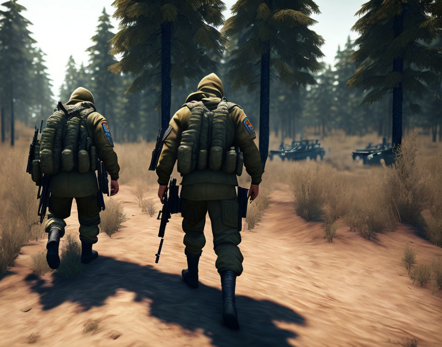 Soldiers in camouflage gear patrolling forest with backpacks and rifles