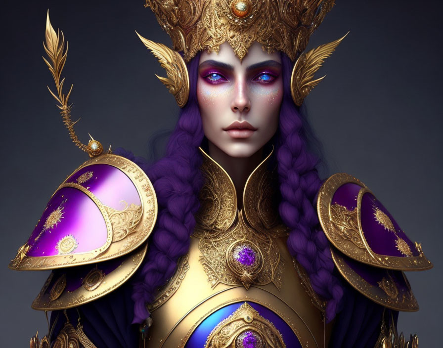 Regal Female Character in Purple Hair and Ornate Golden Armor