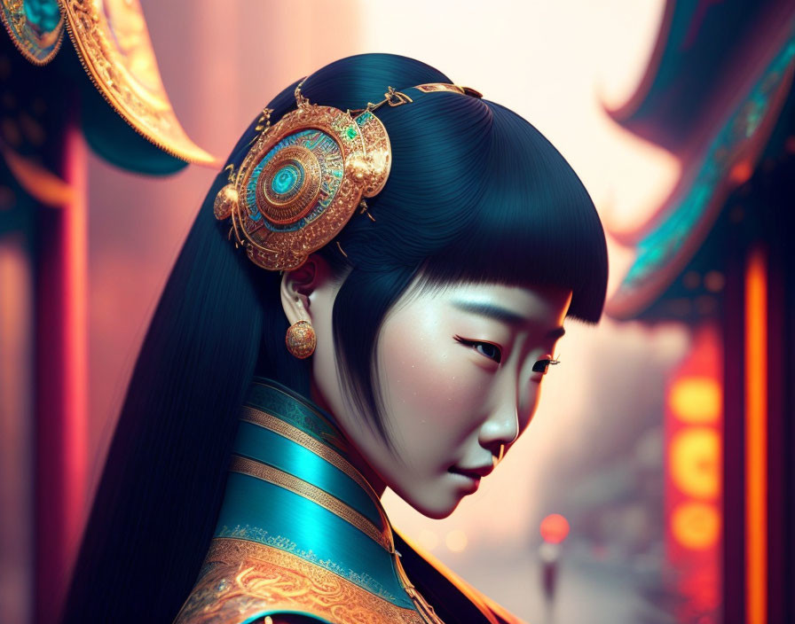 Asian woman with traditional hairstyle and jewelry in colorful setting with architectural details.