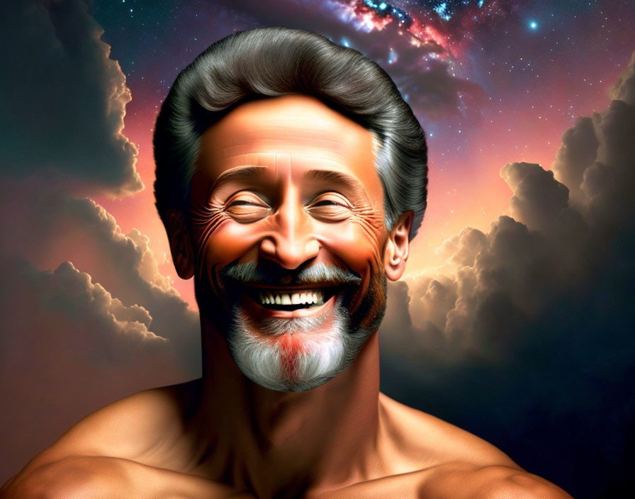 Smiling man with beard in cosmic digital art portrait