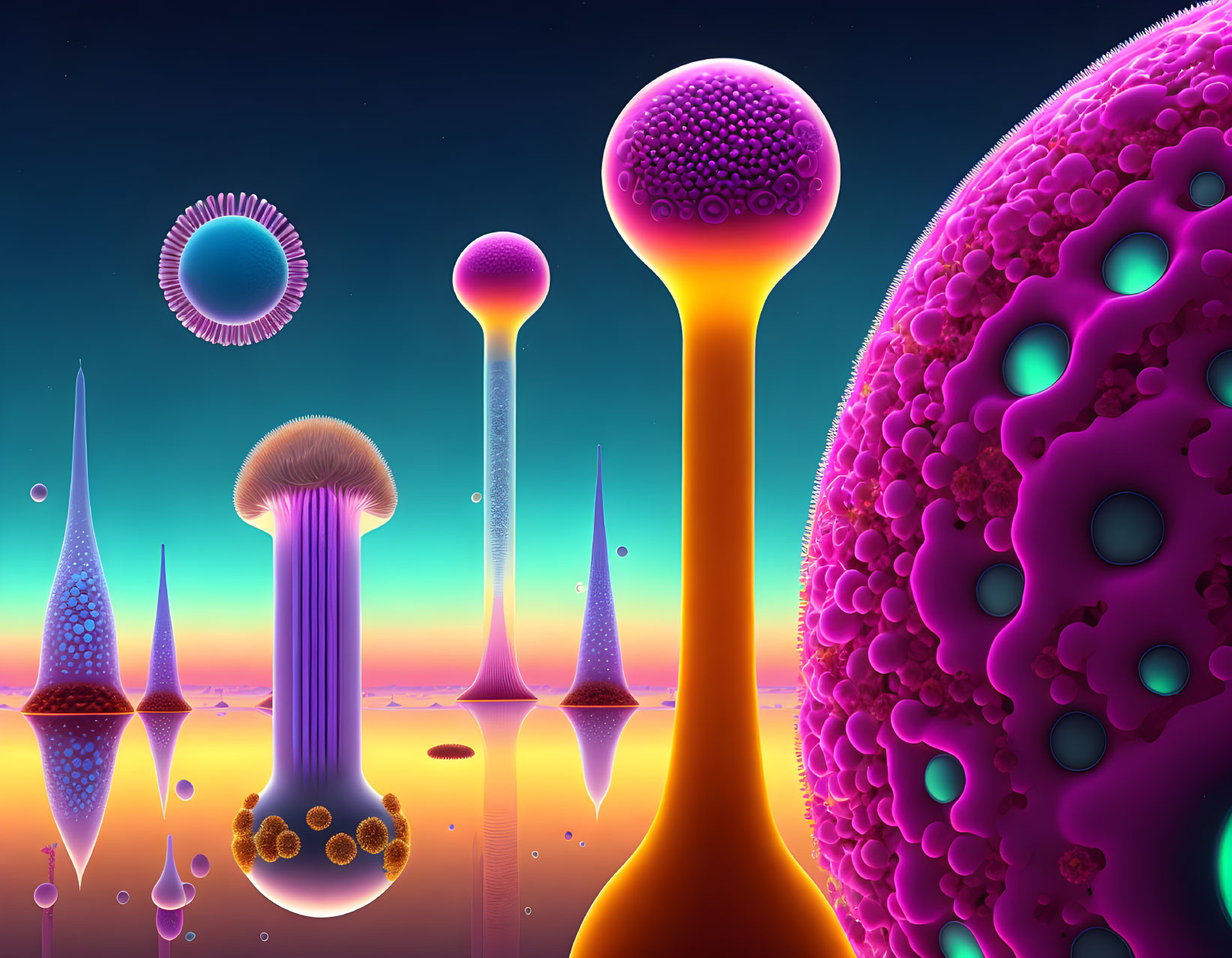 Surreal neon-colored alien structures on glossy surface