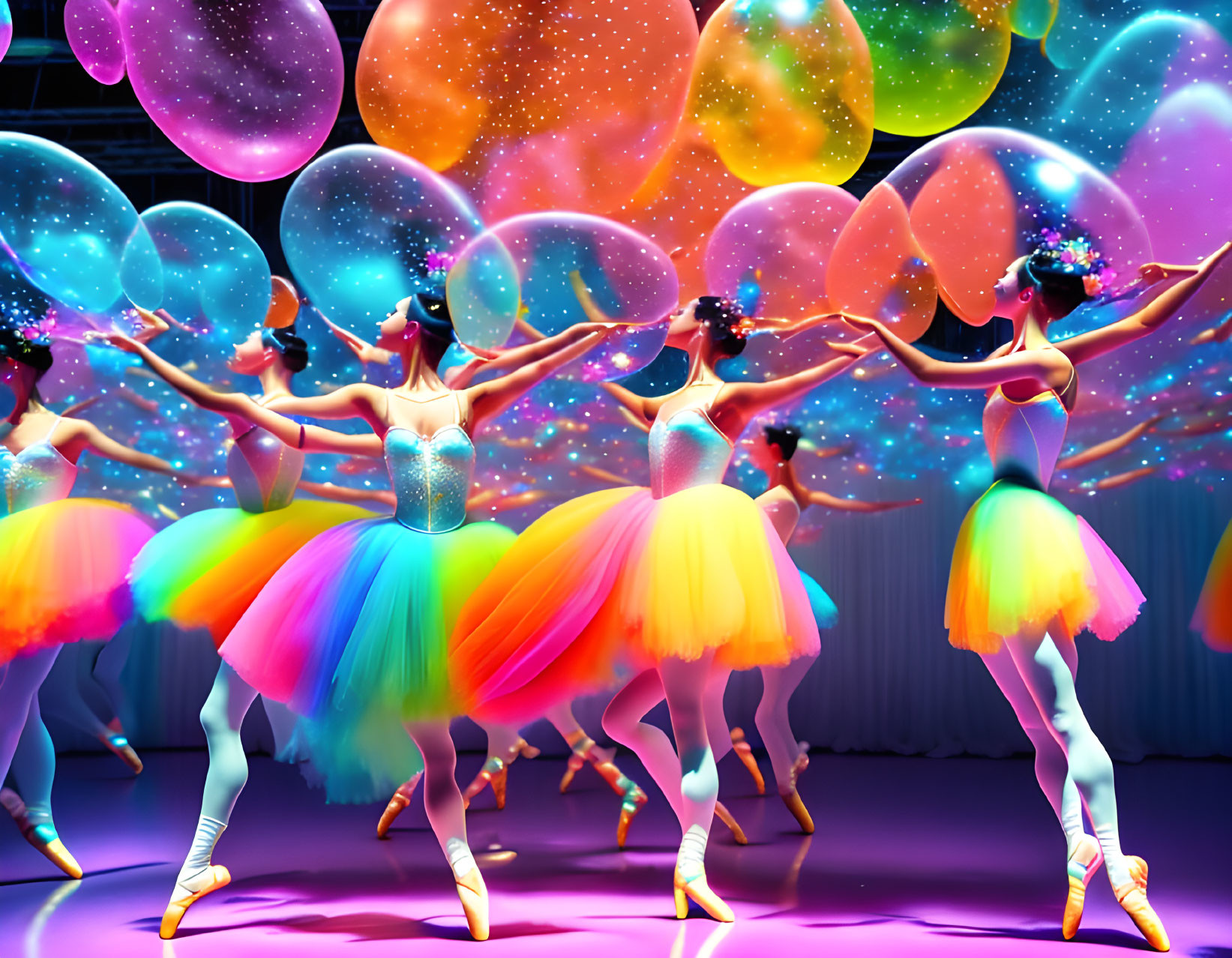 Colorful Ballet Dancers in Tutus Amid Glowing Bubbles on Cosmic Stage