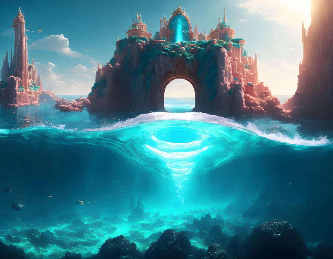 Underwater kingdom with coral structures and glowing portal in serene ocean