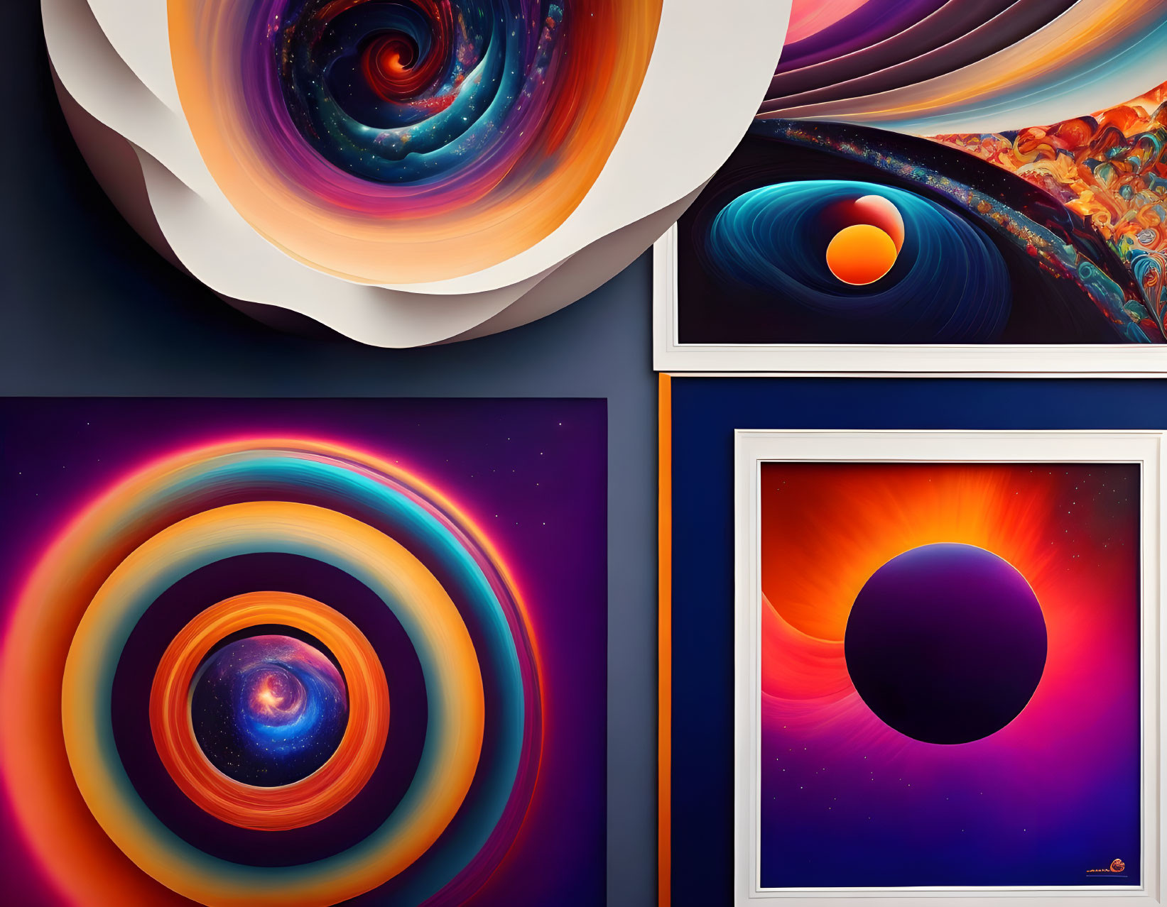 Abstract Digital Artworks: Vibrant Swirls & Circular Patterns in Cosmic Colors