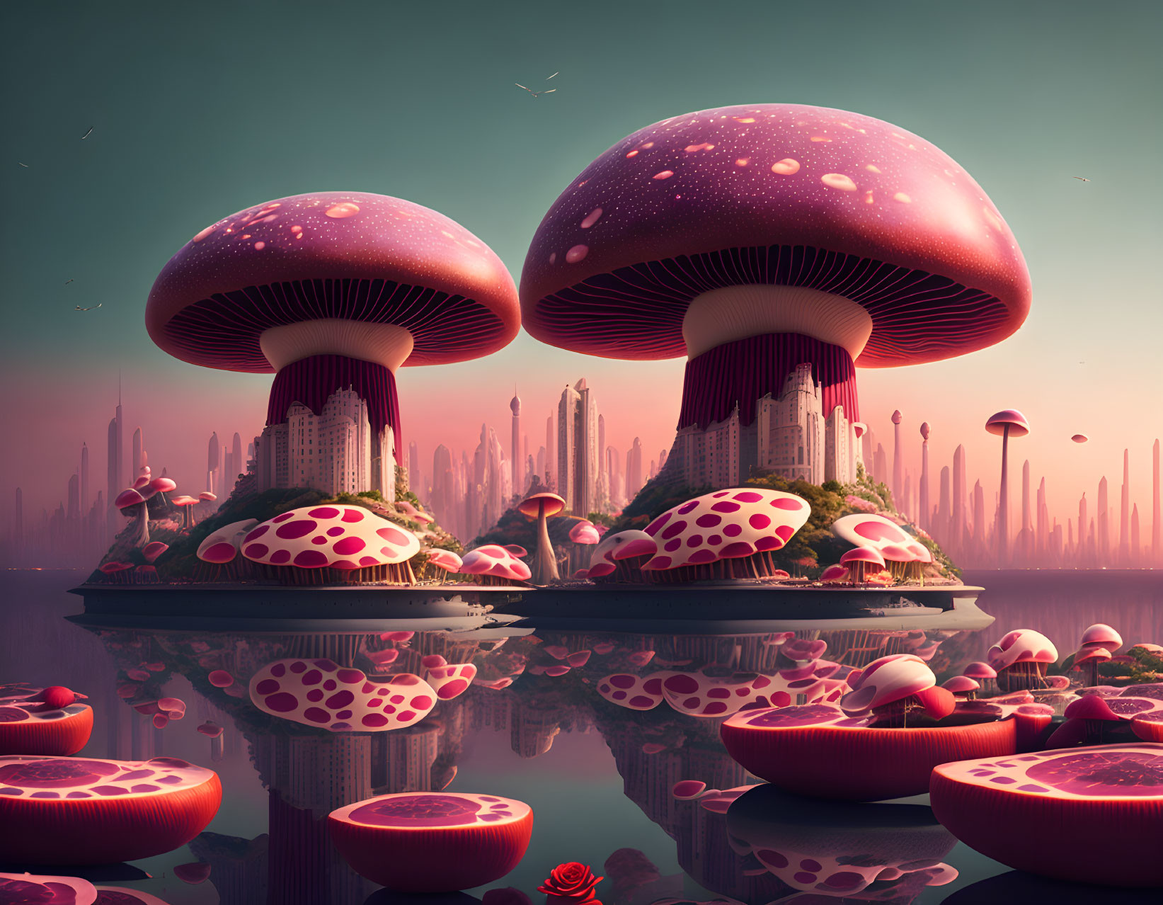 Fantastical landscape with oversized mushroom structures and city silhouette reflected in water against pink sky.