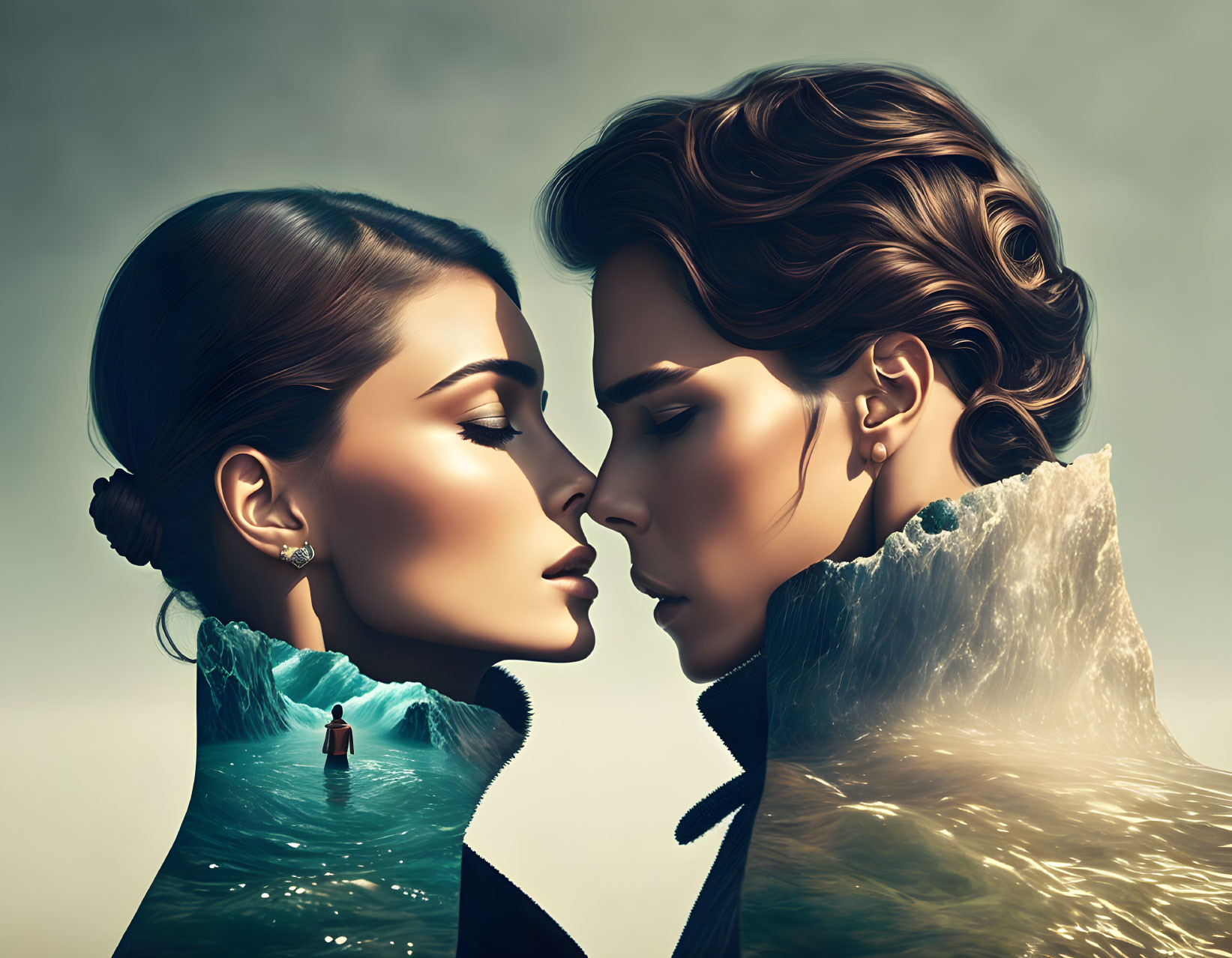 Stylized portraits merging into ocean landscapes with lighthouse.