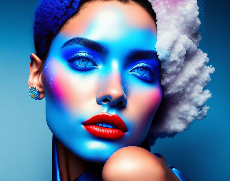 Blue-skinned woman with vibrant makeup on blue background and fluffy cloud-like adornment