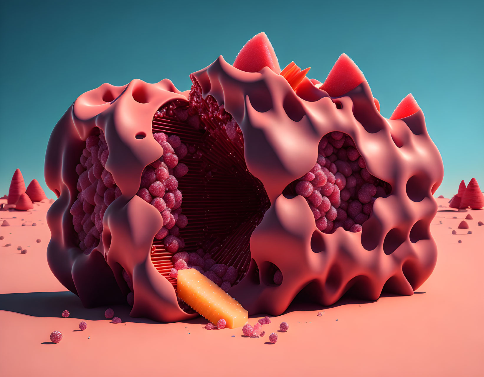 Surreal 3D-rendered landscape with red melty structure and conical shapes
