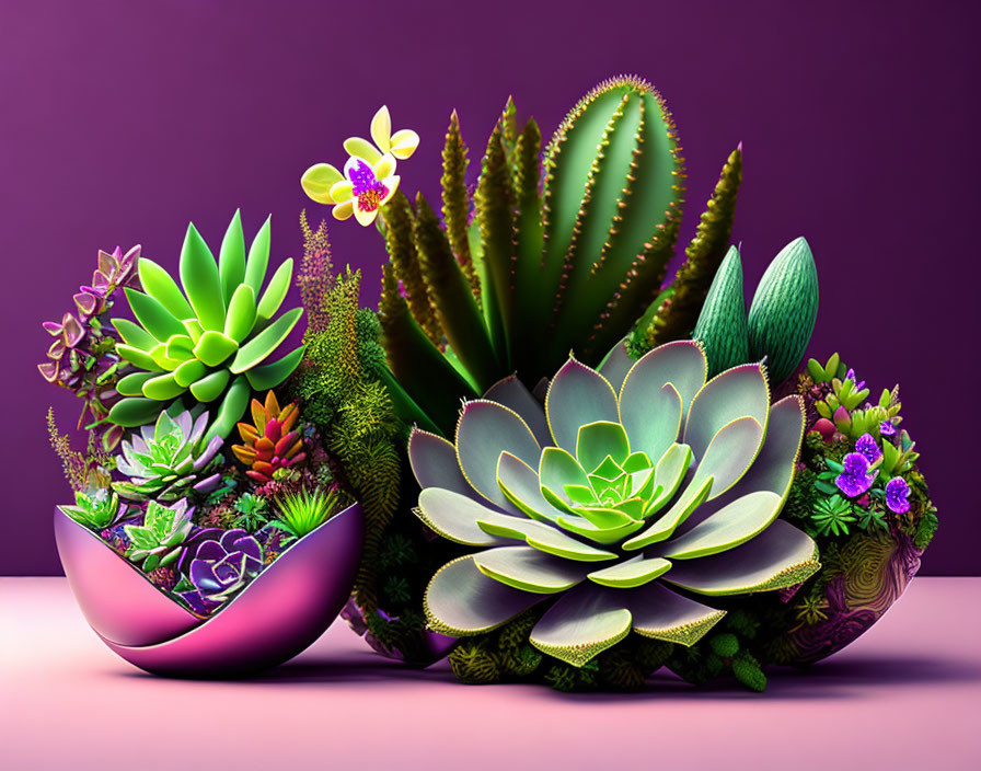 Vibrant digital artwork: Succulents and cacti in purple pot