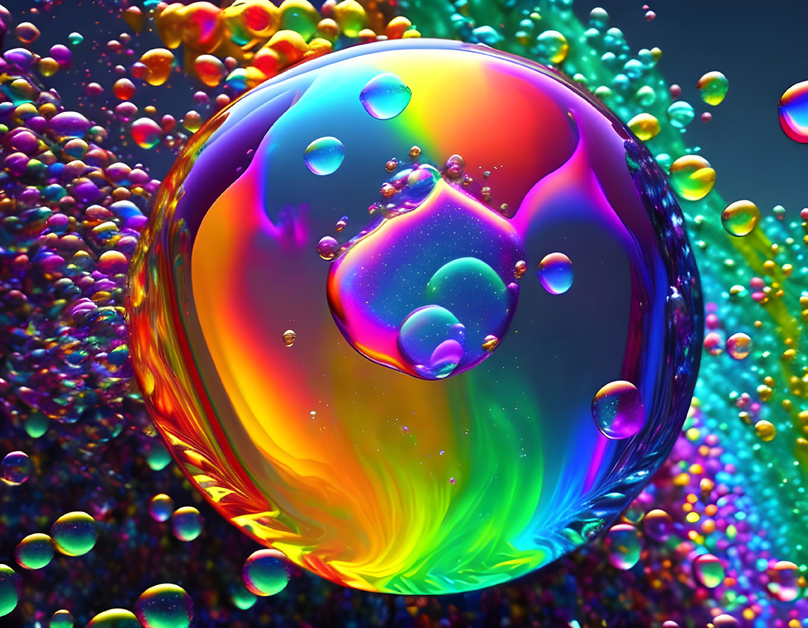 Colorful soap bubble with smaller bubbles on dark background