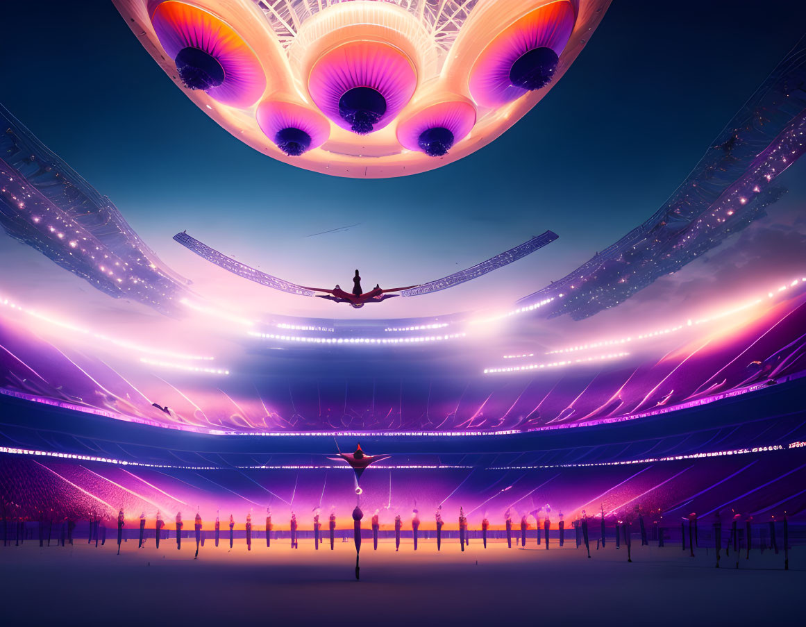 Person suspended in futuristic arena with purple lighting and intricate ceiling structure.