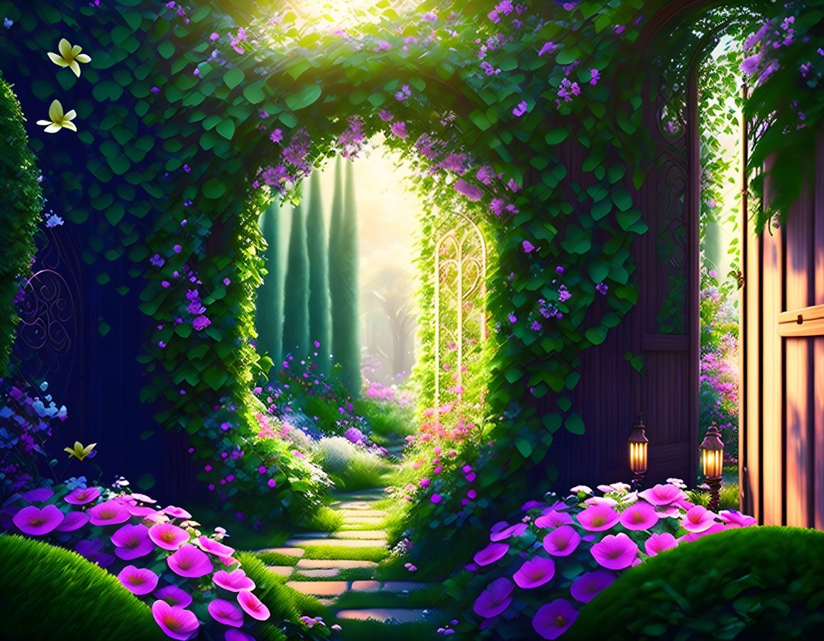 Lush Garden Scene with Purple Flowers, Green Archway, Waterfall, and Wooden Door