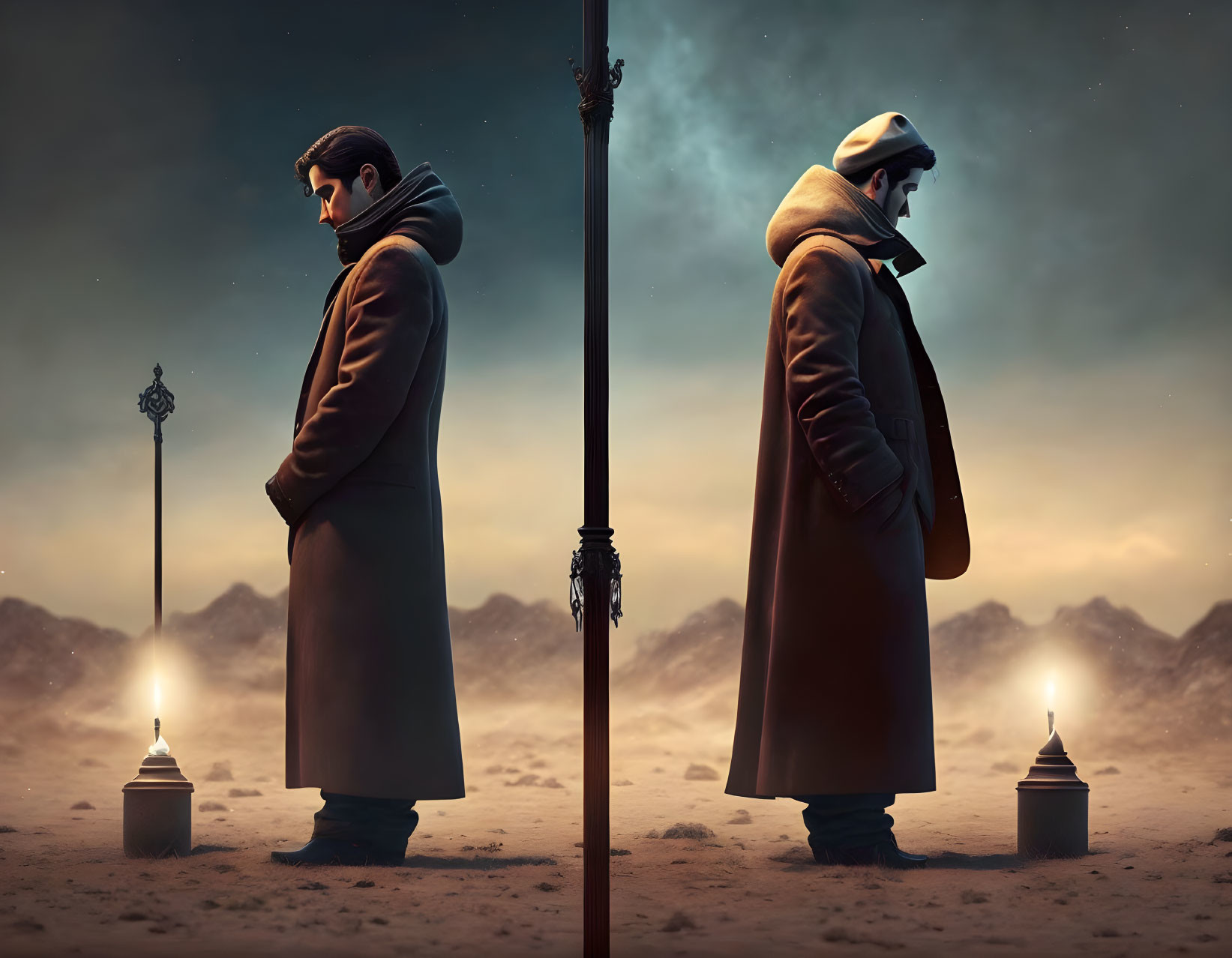 Man in Coat Mirrored Back-to-Back at Dusk Sky with Lamppost