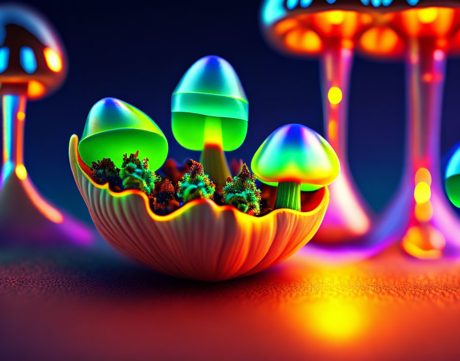 Colorful Neon Mushrooms and Plants in Fantasy Setting