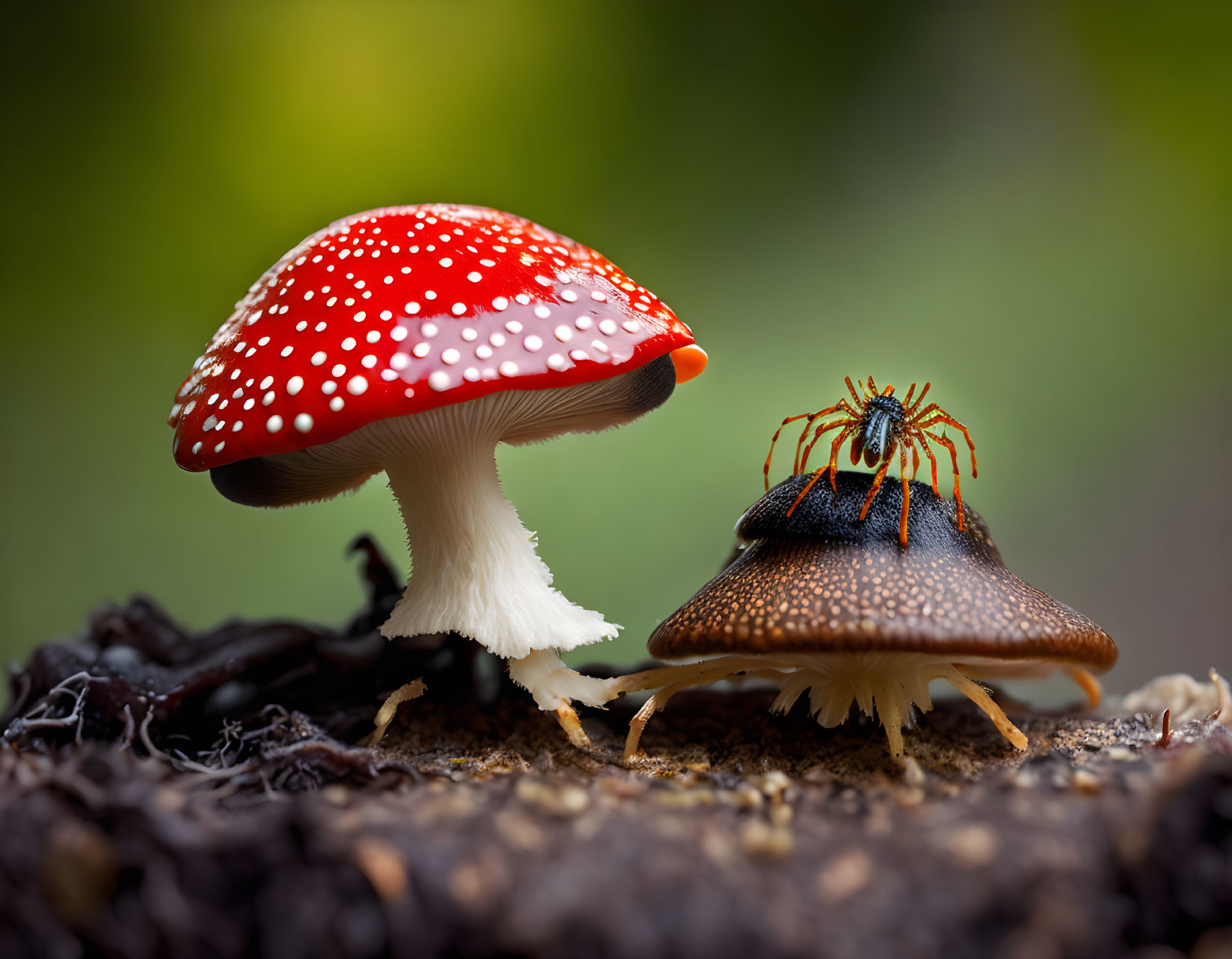Vibrant red mushroom with white spots beside brown mushroom and spider on blurred green background