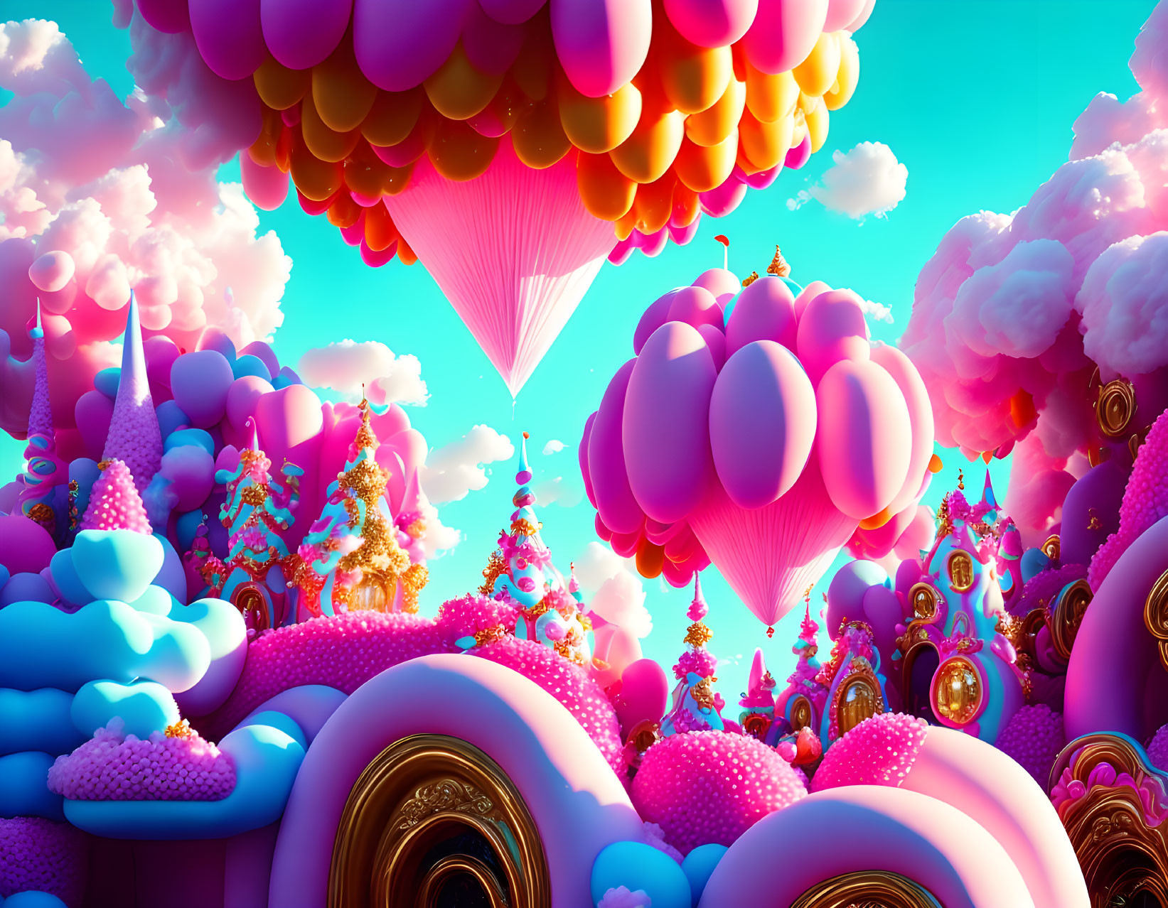 Fantastical landscape with pink and gold structures and hot-air balloons