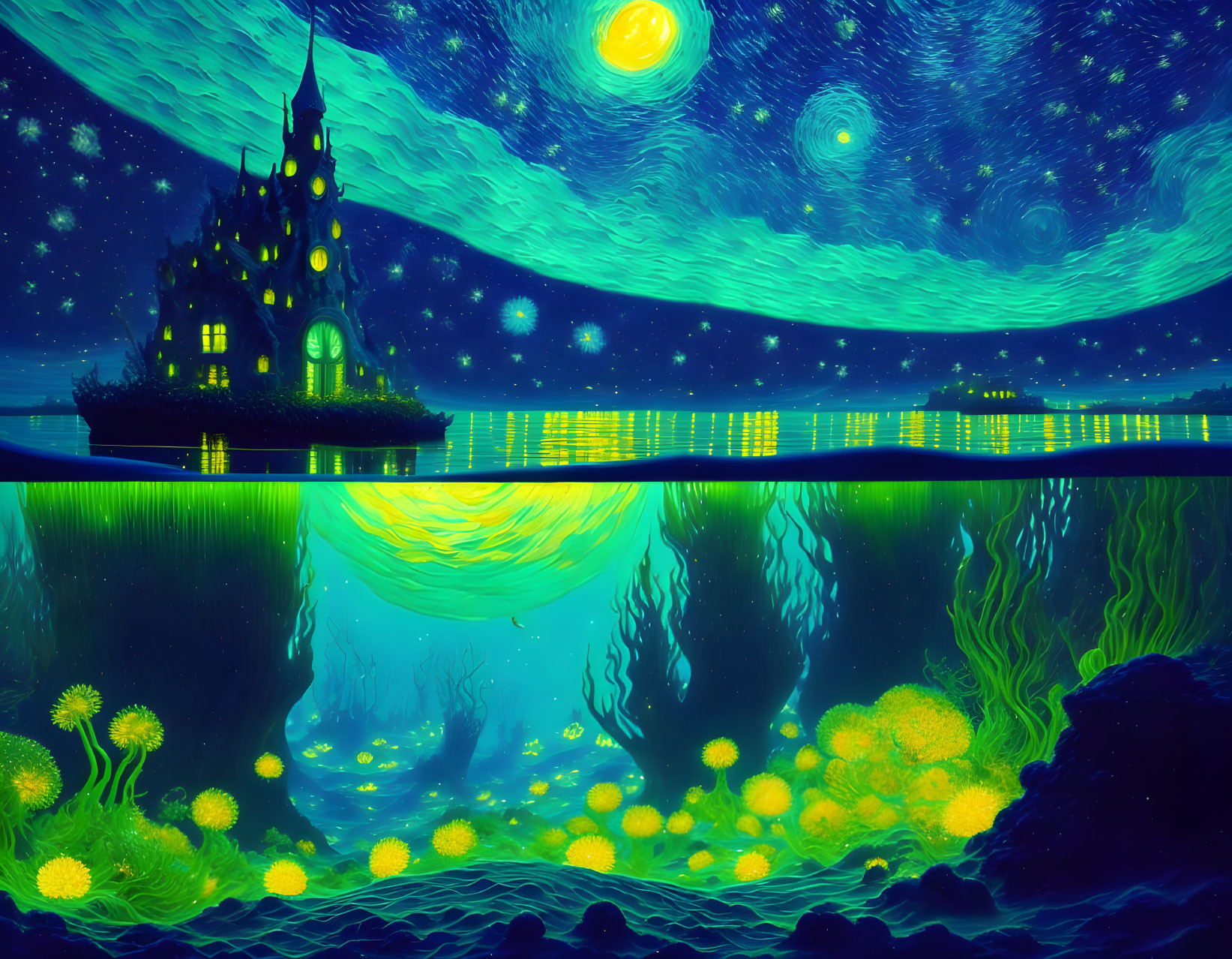 Vibrant digital art: Castle on island with water reflection and underwater flora.
