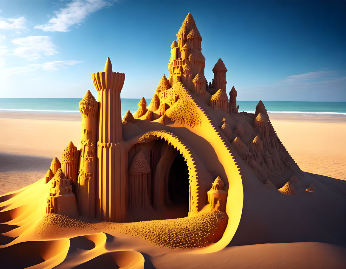Intricate Sandcastle Towers with Archway on Beach Skyline